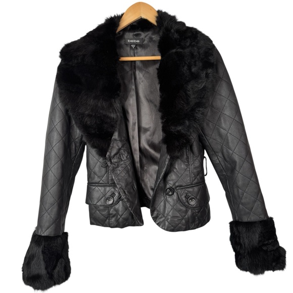 Bebe Black Quilted Leather Jacket with Fur Trim - Picture 1 of 10